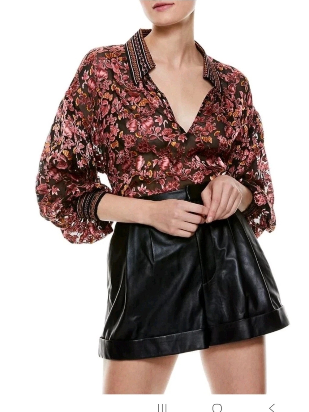 NEW $395 ALICE + OLIVIA FLORAL RED BLACK BURN_OUT TOP SHIRT BLOUSE Size L NWT